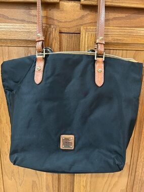Dooney & Bourke Black Nylon Tote with Brown Leather Logo Patch